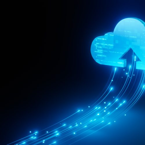 Cloud technology with speed line light to cloud, arrow cloud upload, programming coding in cloud big data, 3d render